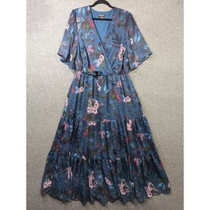 City Chic Botanica Maxi Dress Womens 18 Blue Tiered Flowy Lined Floral Faux Wrap